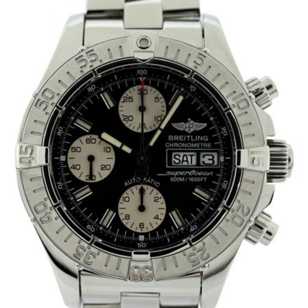 Breitling 42mm Men's Super Ocean Black Dial 500M Auto Chrono B+P Watch! A13340!